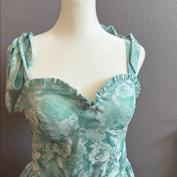 Lulus | Lovely Bliss Aqua Floral Jacquard Strapless Bustier Midi Dress Blue - Picture 3 of 10